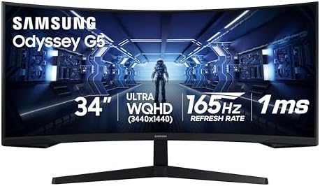 SAMSUNG 34 Odyssey G5 Ultra Wide Gaming Monitor with 1000R Curved Screen  165Hz  1ms  FreeSync Premium  Large Display  Eye Comfort  Multiple Ports  WQHD  LC34G55TWWNXZA  Black