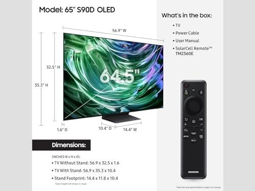 SAMSUNG 65 Inch Class OLED 4K S90D Series HDR  Smart TV w/Dolby Atmos  Object Tracking Sound Lite  Motion Xcelerator  Real Depth Enhancer  4K AI Upscaling  Alexa Built in  QN65S90D  2024 Model 