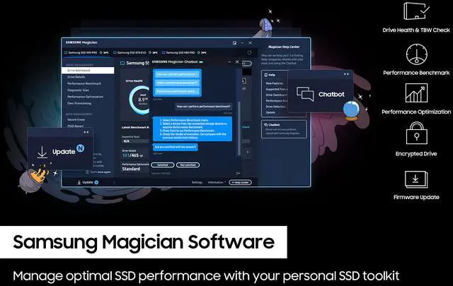 SAMSUNG 990 PRO SSD 1TB PCIe 4 0 M 2 2280 Internal Solid State Hard Drive  Seq  Read Speeds Up to 7 450 MB/s for High End Computing  Gaming  and Heavy Duty Workstations  MZ V9P1T0B/AM