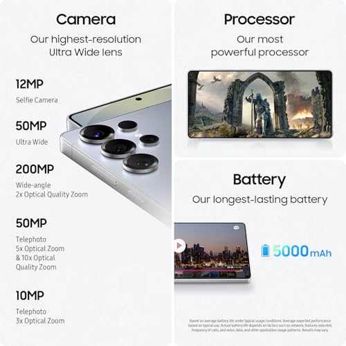 SAMSUNG Galaxy S25 Ultra  256GB Smartphone  Unlocked Android  AI Night Mode Camera  Snapdragon 8 Elite Fast Processor  5000mAh Battery  Built in S Pen  2025  US 1 Yr Warranty  Titanium Silverblue
