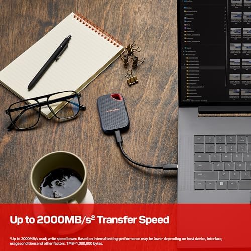 SANDISK 1TB Extreme Portable SSD  New Model    up to 2000MB/s Transfer speeds  USB Type C connectivity  Reliable Durability   Black   SDSSDE70 1T00 G25