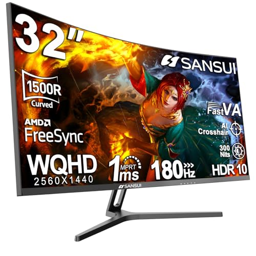 SANSUI 32 Inch Curved Gaming Monitor WQHD 2560 x 1440 180Hz Curved 1500R  Fast VA 1ms OD   HDR  300nits  sRGB 125   DCI P3 95   FreeSync  HDMI x2  DP1 4x2 DP Cable Included 