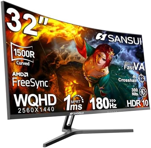 SANSUI 32 Inch Curved Gaming Monitor WQHD 2560 x 1440 180Hz Curved 1500R  Fast VA 1ms OD   HDR  300nits  sRGB 125   DCI P3 95   FreeSync  HDMI x2  DP1 4x2 DP Cable Included 