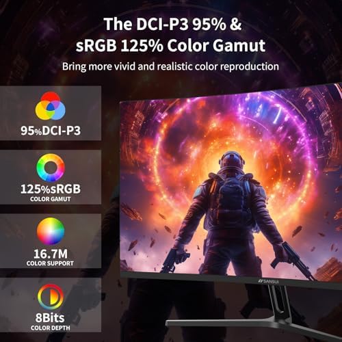 SANSUI 32 Inch Curved Gaming Monitor WQHD 2560 x 1440 180Hz Curved 1500R  Fast VA 1ms OD   HDR  300nits  sRGB 125   DCI P3 95   FreeSync  HDMI x2  DP1 4x2 DP Cable Included 