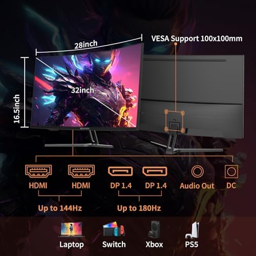 SANSUI 32 Inch Curved Gaming Monitor WQHD 2560 x 1440 180Hz Curved 1500R  Fast VA 1ms OD   HDR  300nits  sRGB 125   DCI P3 95   FreeSync  HDMI x2  DP1 4x2 DP Cable Included 