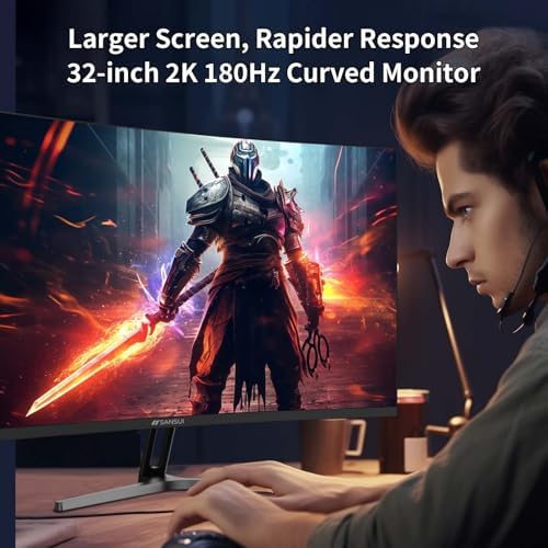 SANSUI 32 Inch Curved Gaming Monitor WQHD 2560 x 1440 180Hz Curved 1500R  Fast VA 1ms OD   HDR  300nits  sRGB 125   DCI P3 95   FreeSync  HDMI x2  DP1 4x2 DP Cable Included 
