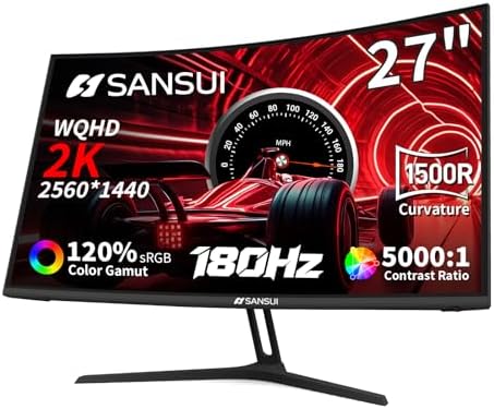 SANSUI 34 Inch Curved Gaming Monitor UWQHD 3440 x 1440 Up to 165Hz Curved 1500R   PIP/PBP  1ms MPRT   HDR  300nits  sRGB 125   DCI P3 95  FreeSync HDMIx2 DP1 4 x2  DP Cable Included 