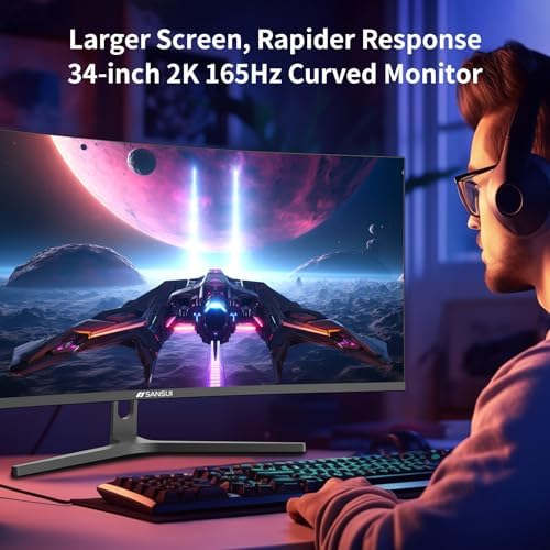 SANSUI 34 Inch Curved Gaming Monitor UWQHD 3440 x 1440 Up to 165Hz Curved 1500R   PIP/PBP  1ms MPRT   HDR  300nits  sRGB 125   DCI P3 95  FreeSync HDMIx2 DP1 4 x2  DP Cable Included 