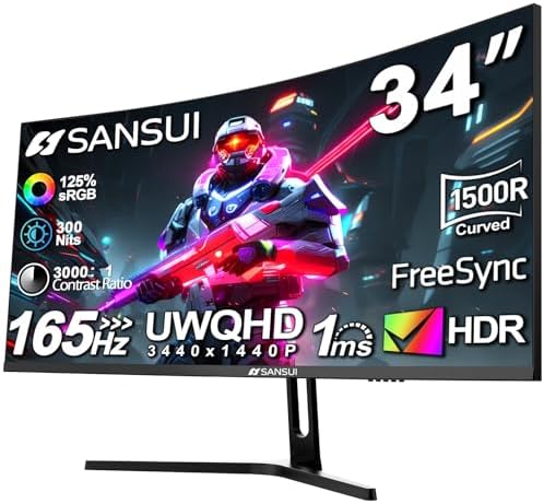 SANSUI 34 Inch Curved Gaming Monitor UWQHD 3440 x 1440 Up to 165Hz Curved 1500R   PIP/PBP  1ms MPRT   HDR  300nits  sRGB 125   DCI P3 95  FreeSync HDMIx2 DP1 4 x2  DP Cable Included 