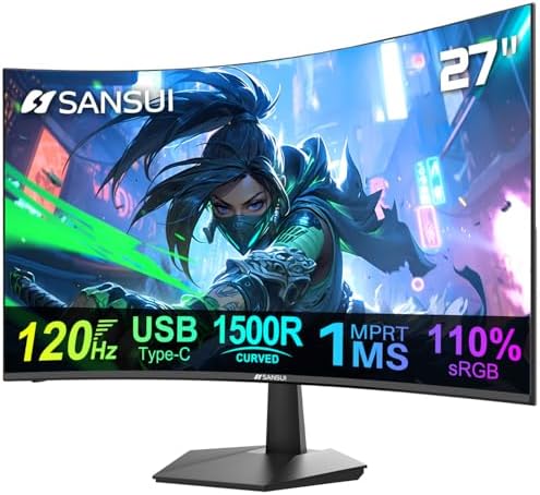 SANSUI 34 Inch Curved Gaming Monitor UWQHD 3440 x 1440 Up to 165Hz Curved 1500R   PIP/PBP  1ms MPRT   HDR  300nits  sRGB 125   DCI P3 95  FreeSync HDMIx2 DP1 4 x2  DP Cable Included 