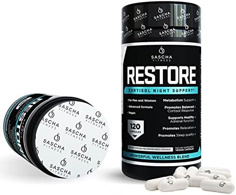 SASCHA FITNESS Cortisol Night Support Pills   Metabolism & Hormonal Balance   Promotes Quality Sleep   Restore   Vegan Weight Loss Supplement   120 Natural Capsules