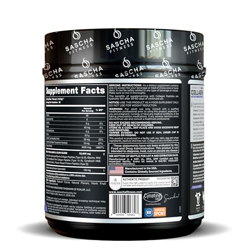 SASCHA FITNESS Tipos de péptidos de colágeno multi hidrolizados 1,2 y 3 | Ácido hialurónico | Biotina cinatina HSN|Vitamina C y E | para cabello, piel y hueso | Sabor chocolate