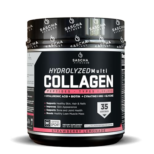 SASCHA FITNESS Hydrolyzed Multi Collagen Peptides Tipes 1 2 & 3  Hyaluronic Acid Biotin  Cynatine HSN Vitamin C & E  for Hairs  Skin & Bone Support Strawberry Lemonade