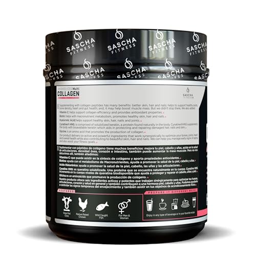SASCHA FITNESS Hydrolyzed Multi Collagen Peptides Tipes 1 2 & 3  Hyaluronic Acid Biotin  Cynatine HSN Vitamin C & E  for Hairs  Skin & Bone Support Strawberry Lemonade