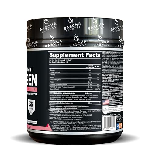 SASCHA FITNESS Hydrolyzed Multi Collagen Peptides Tipes 1 2 & 3  Hyaluronic Acid Biotin  Cynatine HSN Vitamin C & E  for Hairs  Skin & Bone Support Strawberry Lemonade