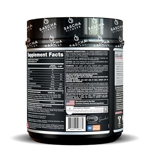 SASCHA FITNESS Hydrolyzed Multi Collagen Peptides Tipes 1 2 & 3  Hyaluronic Acid Biotin  Cynatine HSN Vitamin C & E  for Hairs  Skin & Bone Support Strawberry Lemonade