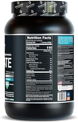 SASCHA FITNESS Hydrolyzed Whey Protein Isolate 100  Grass Fed  2 Pounds  Coconut 