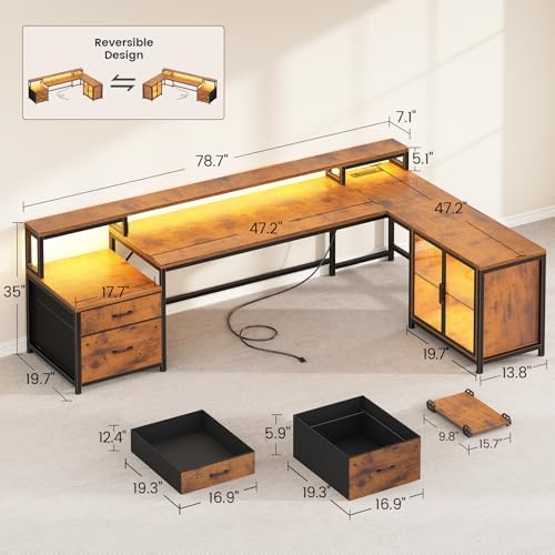 SEDETA 78 7  Large L Shaped Desk with Storage Drawers  Office Desk with File Drawer and Display Cabinet  L Shaped Gaming Desk with Storage  Power Outlet and LED Lights for Home Office  Rustic Brown