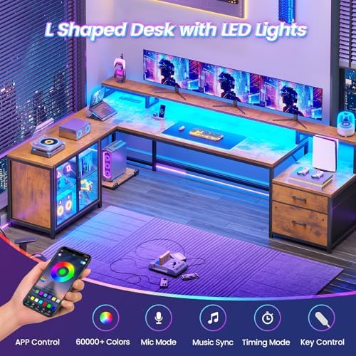 SEDETA 78 7  Large L Shaped Desk with Storage Drawers  Office Desk with File Drawer and Display Cabinet  L Shaped Gaming Desk with Storage  Power Outlet and LED Lights for Home Office  Rustic Brown