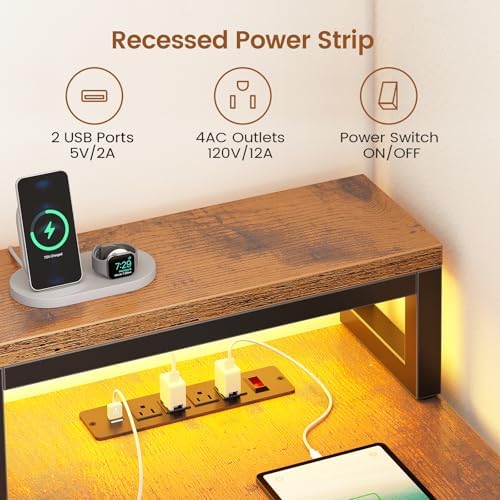 SEDETA 78 7  Large L Shaped Desk with Storage Drawers  Office Desk with File Drawer and Display Cabinet  L Shaped Gaming Desk with Storage  Power Outlet and LED Lights for Home Office  Rustic Brown