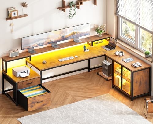 SEDETA 78 7  Large L Shaped Desk with Storage Drawers  Office Desk with File Drawer and Display Cabinet  L Shaped Gaming Desk with Storage  Power Outlet and LED Lights for Home Office  Rustic Brown