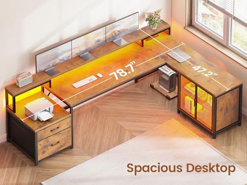 SEDETA 78 7  Large L Shaped Desk with Storage Drawers  Office Desk with File Drawer and Display Cabinet  L Shaped Gaming Desk with Storage  Power Outlet and LED Lights for Home Office  Rustic Brown