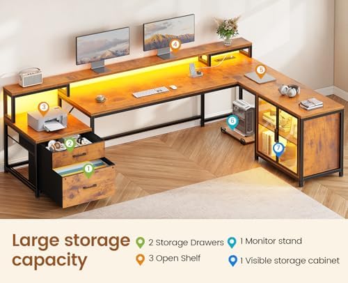 SEDETA 78 7  Large L Shaped Desk with Storage Drawers  Office Desk with File Drawer and Display Cabinet  L Shaped Gaming Desk with Storage  Power Outlet and LED Lights for Home Office  Rustic Brown
