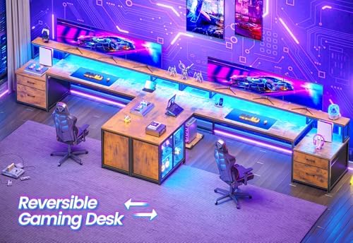 SEDETA 78 7  Large L Shaped Desk with Storage Drawers  Office Desk with File Drawer and Display Cabinet  L Shaped Gaming Desk with Storage  Power Outlet and LED Lights for Home Office  Rustic Brown