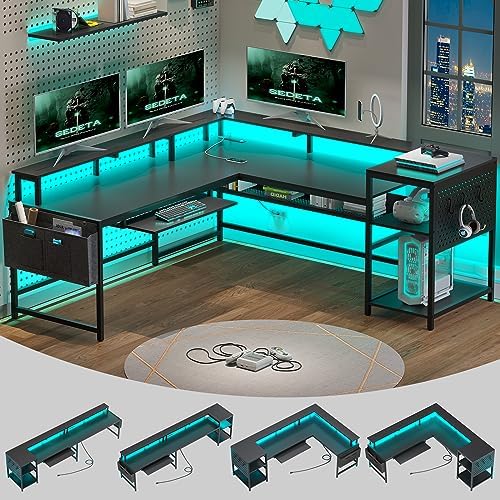 SEDETA L Shaped Gaming Desk  Reversible Computer Desk  Gaming Desk with Power Outlets & LED Strip  Monitor Shelf  Keyboard Tray  Pegboard and Storage Shelves for Home Office  Black