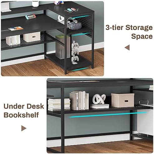 SEDETA L Shaped Gaming Desk  Reversible Computer Desk  Gaming Desk with Power Outlets & LED Strip  Monitor Shelf  Keyboard Tray  Pegboard and Storage Shelves for Home Office  Black