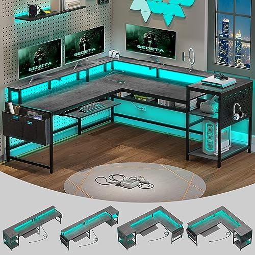 SEDETA L Shaped Gaming Desk  Reversible Computer Desk  Gaming Desk with Power Outlets & LED Strip  Monitor Shelf  Keyboard Tray  Pegboard and Storage Shelves for Home Office  Black