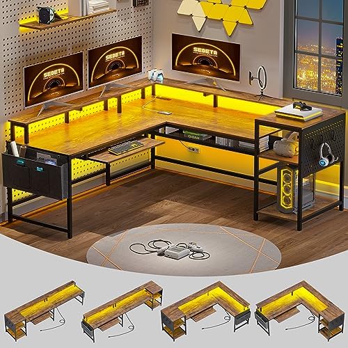 SEDETA L Shaped Gaming Desk  Reversible Computer Desk  Gaming Desk with Power Outlets & LED Strip  Monitor Shelf  Keyboard Tray  Pegboard and Storage Shelves for Home Office  Black