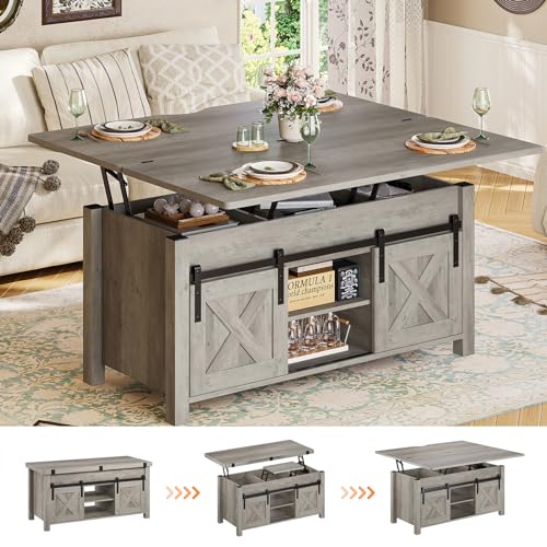 SEDETA Mesa auxiliar elevable, 4 en 1, mesas de centro convertibles multifunción con almacenamiento y compartimento oculto, mesa de centro de granja se convierte en mesa de comedor para sala de estar,
