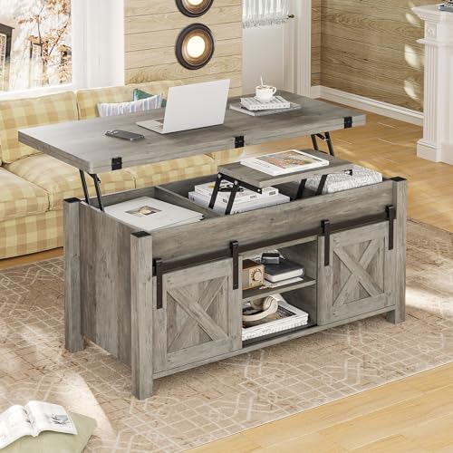 SEDETA Mesa auxiliar elevable, 4 en 1, mesas de centro convertibles multifunción con almacenamiento y compartimento oculto, mesa de centro de granja se convierte en mesa de comedor para sala de estar,