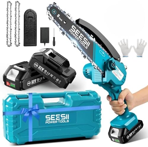 SEESII Mini Chainsaw 8 inch Cordless Chainsaw w/ 2pcs 2000mAh Batteries Oiler System & Replacement Chain Handheld Chain Saw w/Safety Lock Battery Powered Chain saw for Wood Tree Cutting CH820