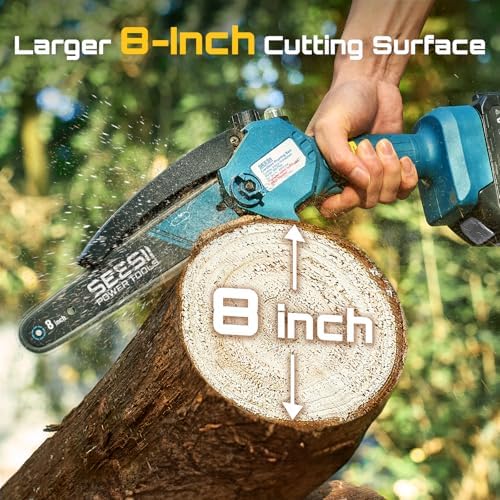 SEESII Mini Chainsaw 8 inch Cordless Chainsaw w/ 2pcs 2000mAh Batteries Oiler System & Replacement Chain Handheld Chain Saw w/Safety Lock Battery Powered Chain saw for Wood Tree Cutting CH820