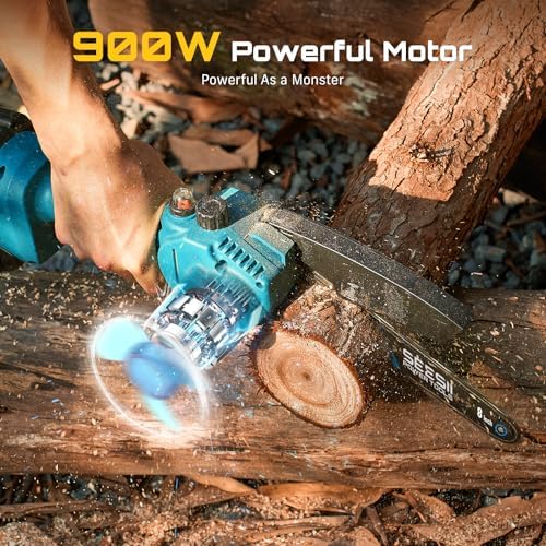 SEESII Mini Chainsaw 8 inch Cordless Chainsaw w/ 2pcs 2000mAh Batteries Oiler System & Replacement Chain Handheld Chain Saw w/Safety Lock Battery Powered Chain saw for Wood Tree Cutting CH820