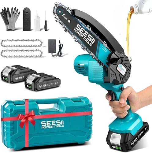 SEESII Mini Chainsaw 8 inch Cordless Chainsaw w/ 2pcs 2000mAh Batteries Oiler System & Replacement Chain Handheld Chain Saw w/Safety Lock Battery Powered Chain saw for Wood Tree Cutting CH820