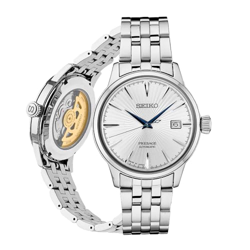 SEIKO SRPB77 Automatic Watch for Men   Presage Cocktail Time   Patterned Silver Dial with Gloss Finish  Date Calendar  50m Water Resistant