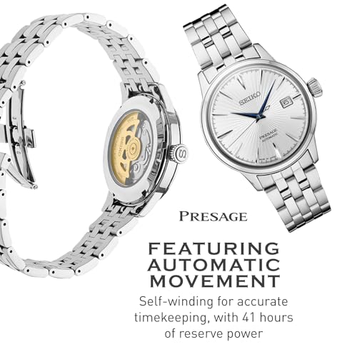SEIKO SRPB77 Automatic Watch for Men   Presage Cocktail Time   Patterned Silver Dial with Gloss Finish  Date Calendar  50m Water Resistant