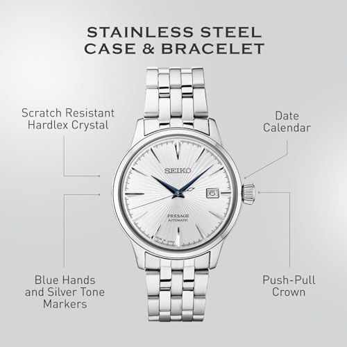 SEIKO SRPB77 Automatic Watch for Men   Presage Cocktail Time   Patterned Silver Dial with Gloss Finish  Date Calendar  50m Water Resistant