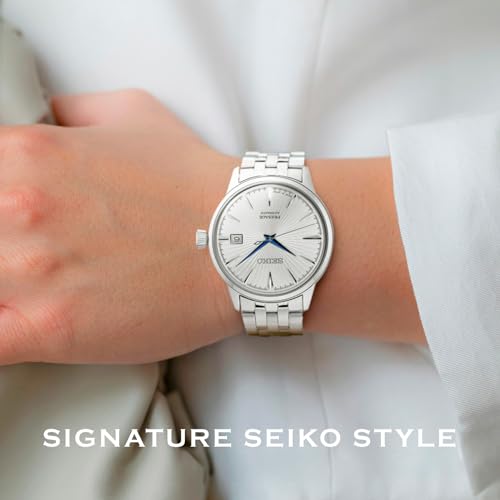 SEIKO SRPB77 Automatic Watch for Men   Presage Cocktail Time   Patterned Silver Dial with Gloss Finish  Date Calendar  50m Water Resistant