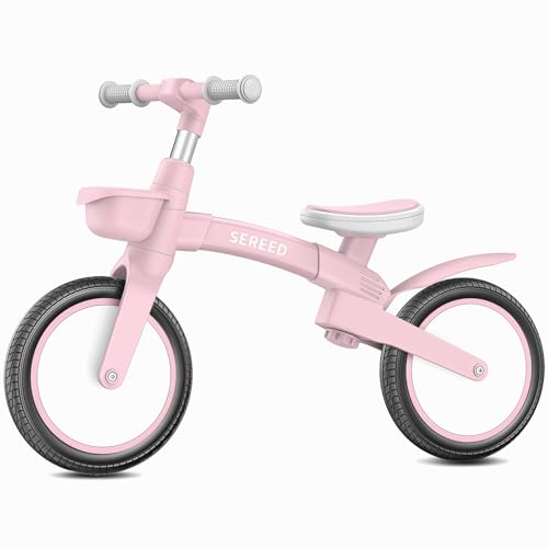 SEREED Toddler Balance Bike 2 5 Year Old  12 Inch Adjustable Folding Kids Bike Toy with Basket  Birthday Gift for Age 3 4 5 Girls  Tool Free Assembly  No Pedal  Pink