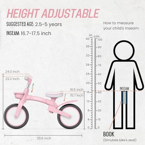 SEREED Toddler Balance Bike 2 5 Year Old  12 Inch Adjustable Folding Kids Bike Toy with Basket  Birthday Gift for Age 3 4 5 Girls  Tool Free Assembly  No Pedal  Pink