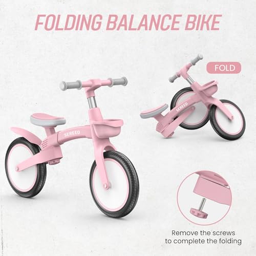SEREED Toddler Balance Bike 2 5 Year Old  12 Inch Adjustable Folding Kids Bike Toy with Basket  Birthday Gift for Age 3 4 5 Girls  Tool Free Assembly  No Pedal  Pink