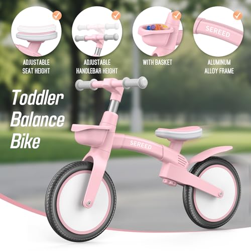 SEREED Toddler Balance Bike 2 5 Year Old  12 Inch Adjustable Folding Kids Bike Toy with Basket  Birthday Gift for Age 3 4 5 Girls  Tool Free Assembly  No Pedal  Pink