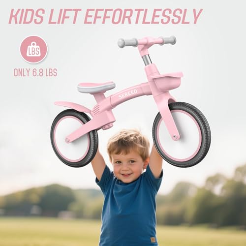 SEREED Toddler Balance Bike 2 5 Year Old  12 Inch Adjustable Folding Kids Bike Toy with Basket  Birthday Gift for Age 3 4 5 Girls  Tool Free Assembly  No Pedal  Pink