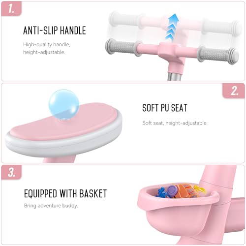 SEREED Toddler Balance Bike 2 5 Year Old  12 Inch Adjustable Folding Kids Bike Toy with Basket  Birthday Gift for Age 3 4 5 Girls  Tool Free Assembly  No Pedal  Pink