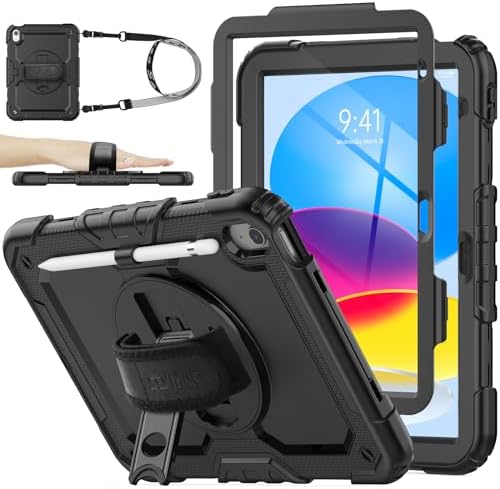 SEYMAC stock Case for iPad  A16  11th/10th Generation 11/10 9 2025/2022  Full Body Drop Protection Case with Screen Protector &360  Rotate Hand Strap/Stand  Black