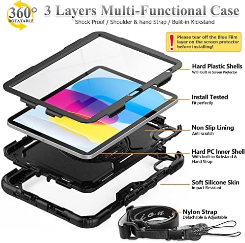 SEYMAC stock Case for iPad  A16  11th/10th Generation 11/10 9 2025/2022  Full Body Drop Protection Case with Screen Protector &360  Rotate Hand Strap/Stand  Black